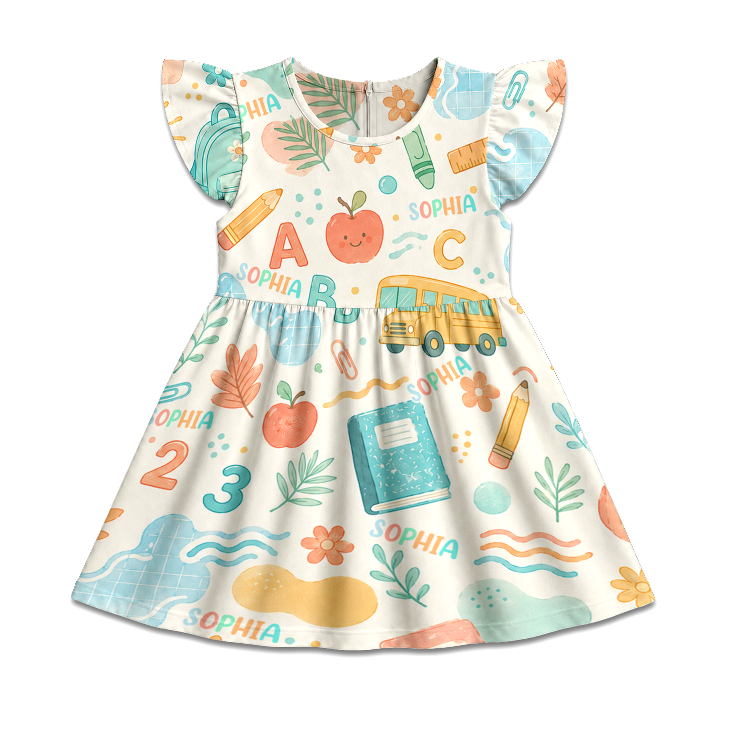 Personalized Back To School Classroom Supplies Books Crayons Apples Pastel Rainbow Teacher Student Print Coquette Ruffle Dress