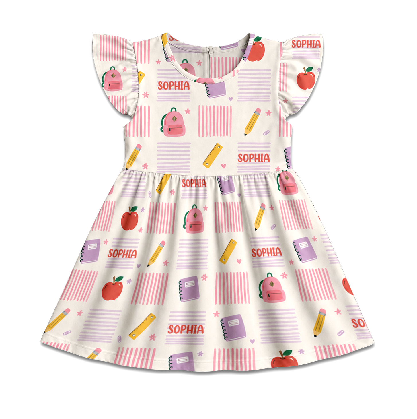 Personalized Cute Back To School Icons Pencils Crayons Glue Backpack Apples Books Pastel Classroom Print Coquette Ruffle Dress
