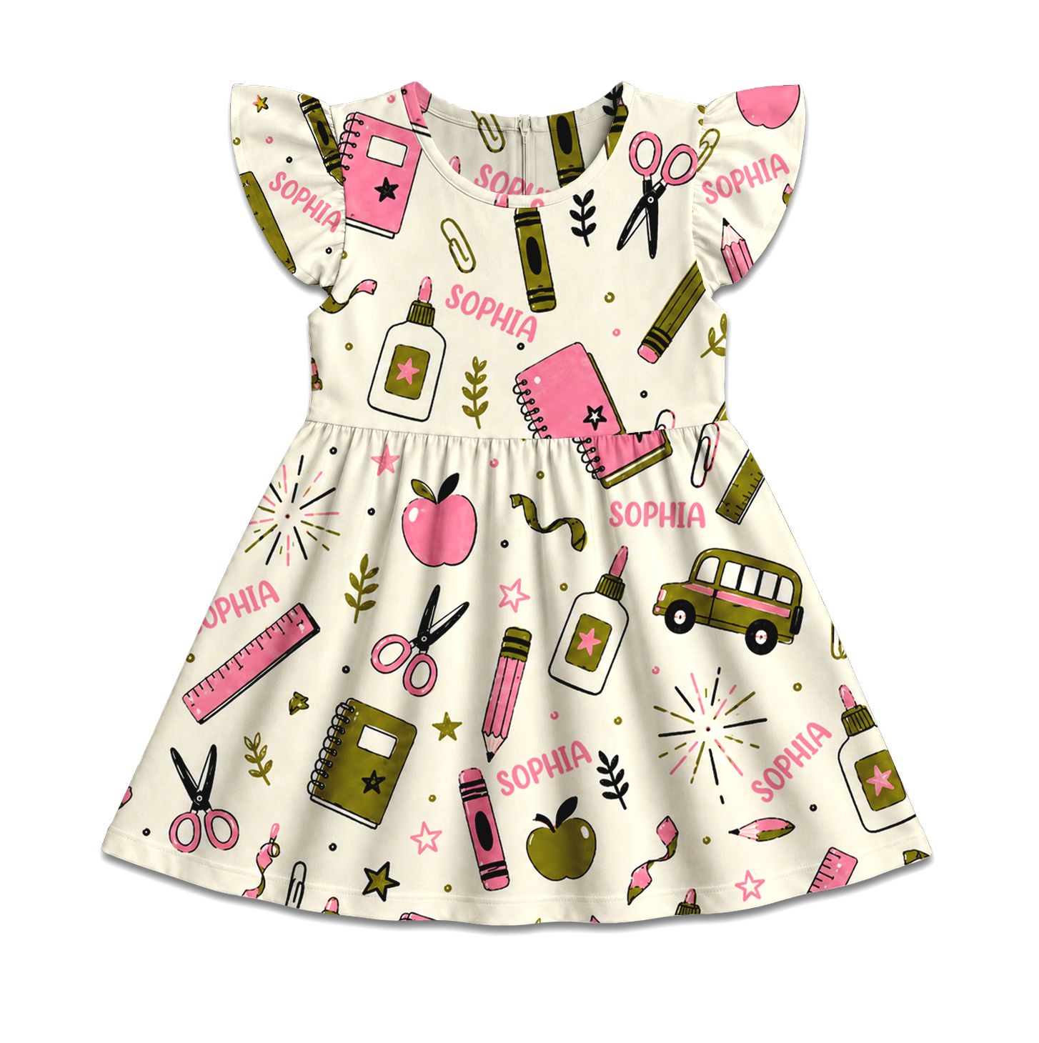 Personalized Back To School Classroom Buses Chalkboards Crayons Books Apples Teacher Student Print Coquette Ruffle Dress