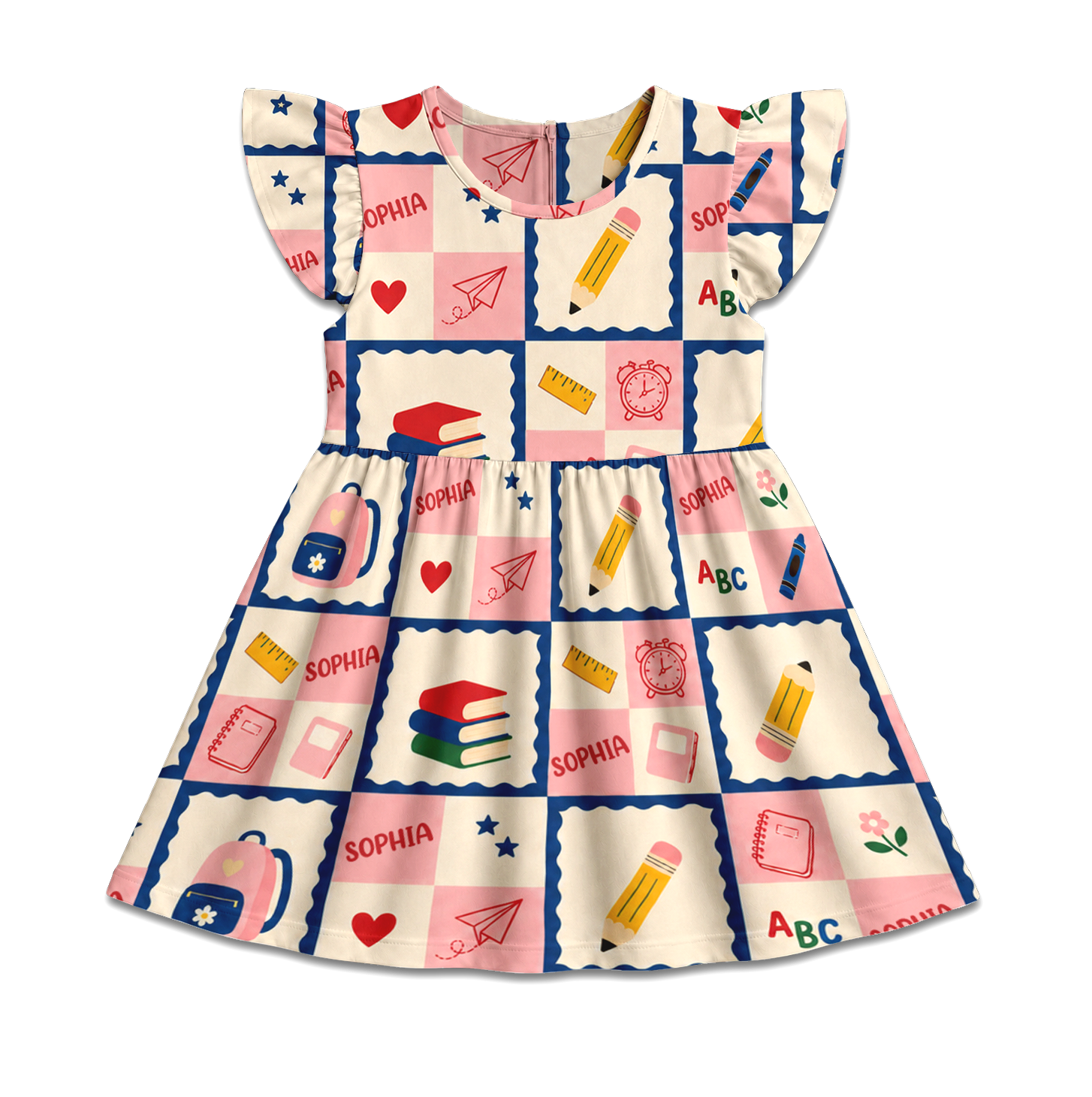 Personalized Back To School Classroom Icons Grid Crayons Books Bus Glue Apples Ruler Pastel Blocks Print Coquette Ruffle Dress