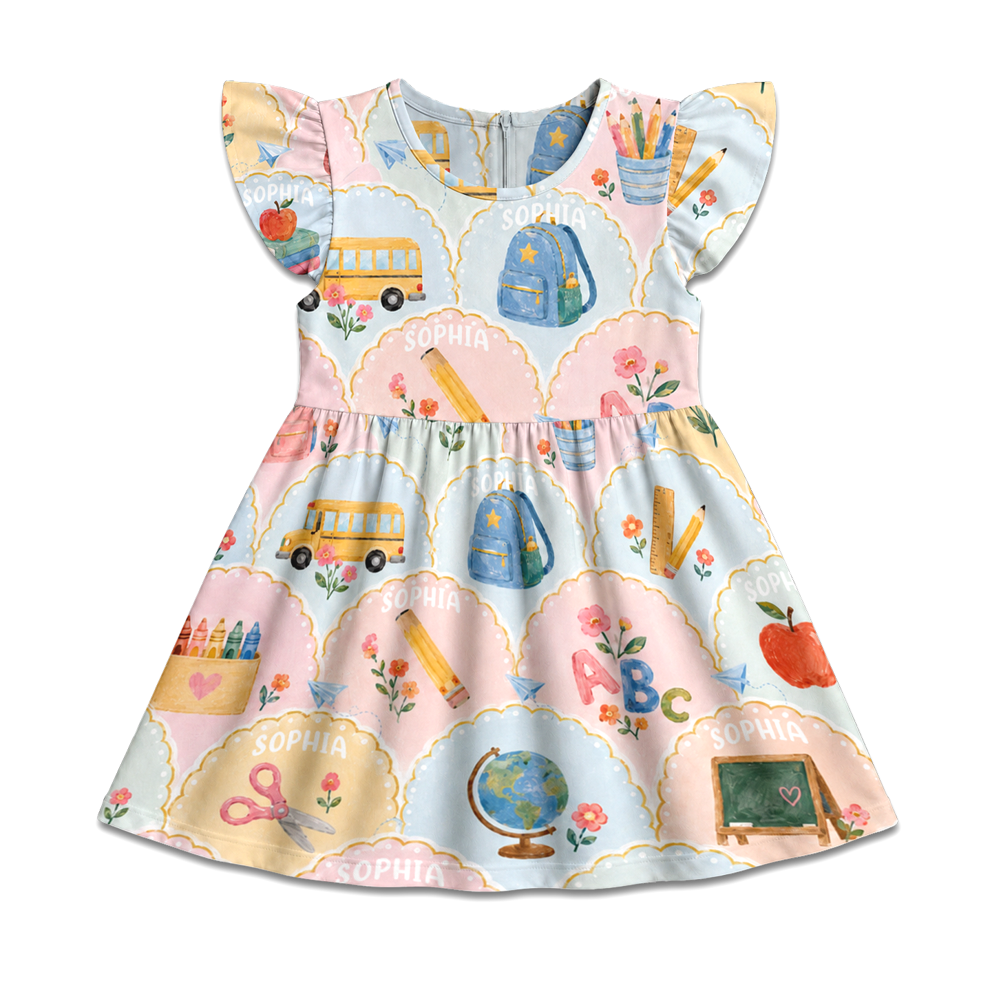 Personalized Whimsical Back To School Pastel Schoolhouses Buses Globes Books Crayons Classroom Print Coquette Ruffle Dress