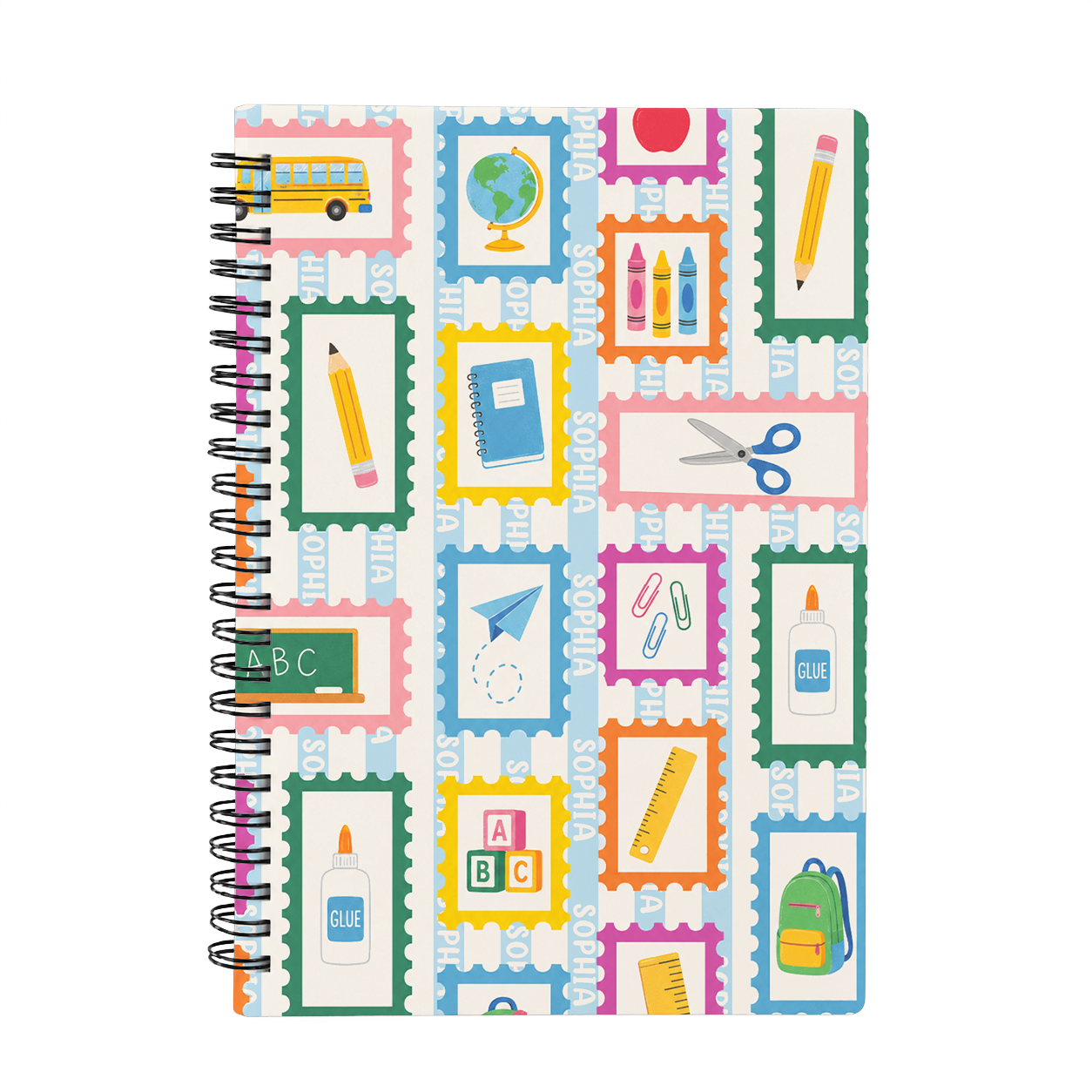 Personalized Colorful School Icons Pencils Books Apples Crayons Rainbow Back To School Kids Name Spiral Notebook