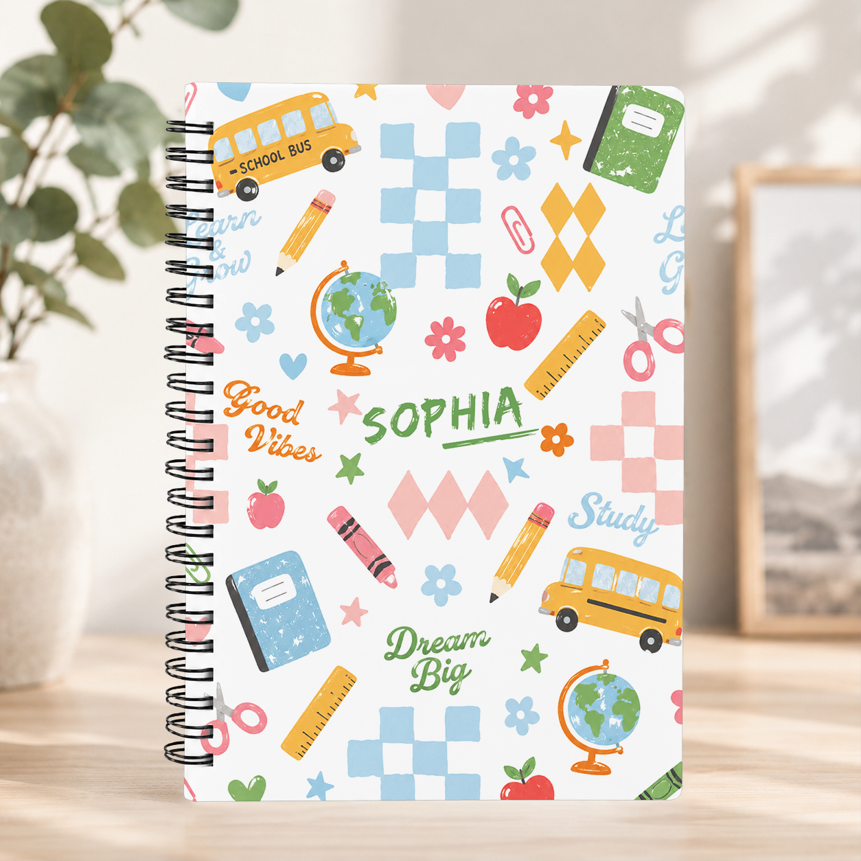 Personalized Cute School Doodles Hand Drawn Pencils Books Buses Hearts Stars Back To School Kids Spiral Notebook