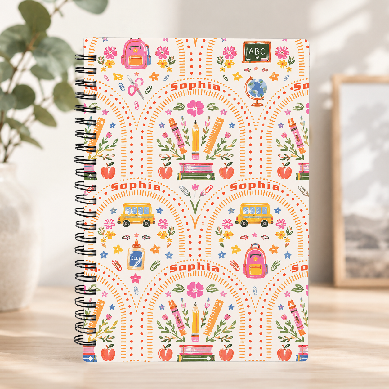 Personalized Boho Rainbow Flowers School Supplies Doodles Books Pencils Hearts Stars Back To School Spiral Notebook