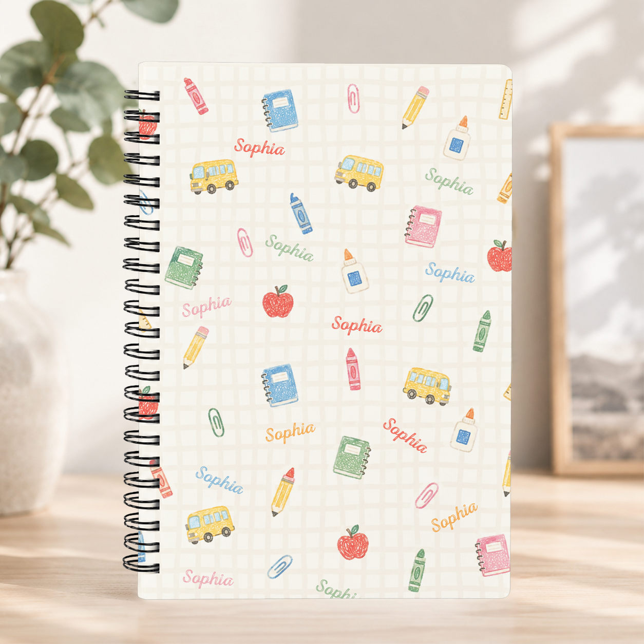 Personalized Pastel School Icons Doodles Pencils Books Apples Buses Stars Hearts Back To School Spiral Notebook