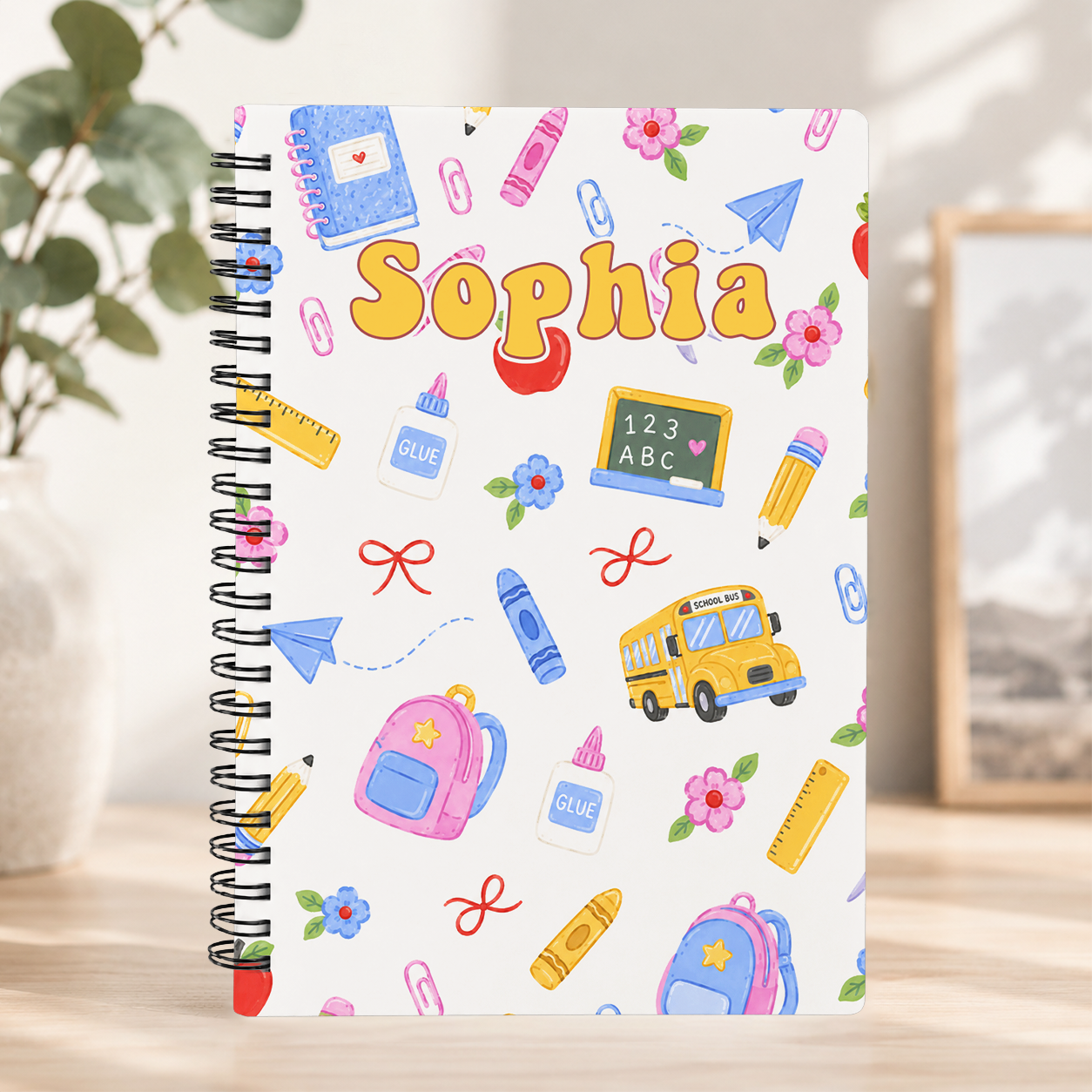 Personalized Cute Back To School Supplies Pastel Backpacks Pencils Chalkboard Bus Stars Kids Spiral Notebook