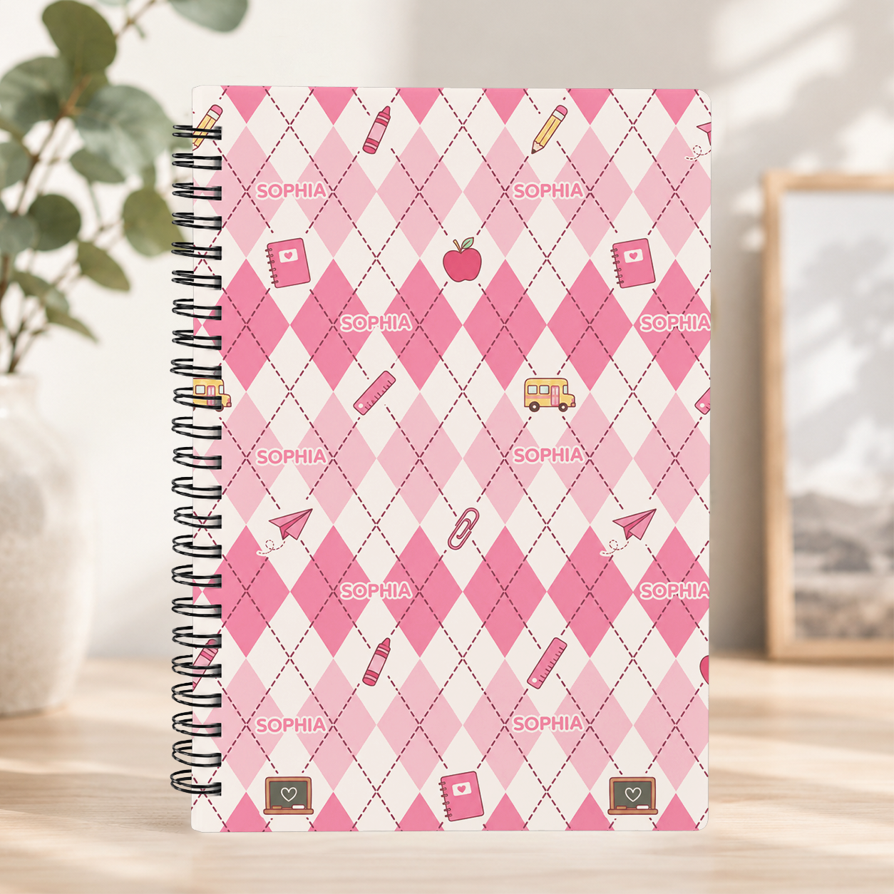 Personalized Pastel Argyle School Icons Pattern Pencils Books Apples Stars Hearts Back To School Spiral Notebook