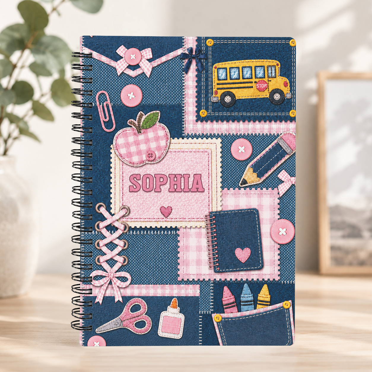 Personalized Denim Patchwork School Icons Pencils Bus Apple Hearts Stitched Pink Blue Back To School Spiral Notebook