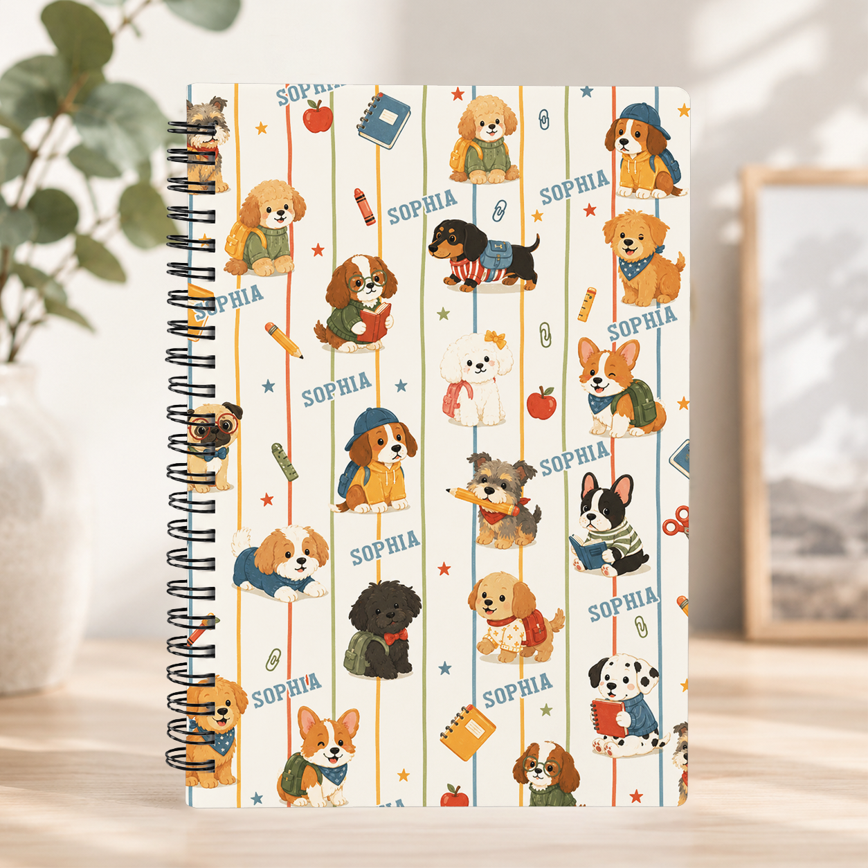 Personalized Cute School Dogs Pattern Backpacks Books Pencils Apples Hearts Back To School Kids Spiral Notebook
