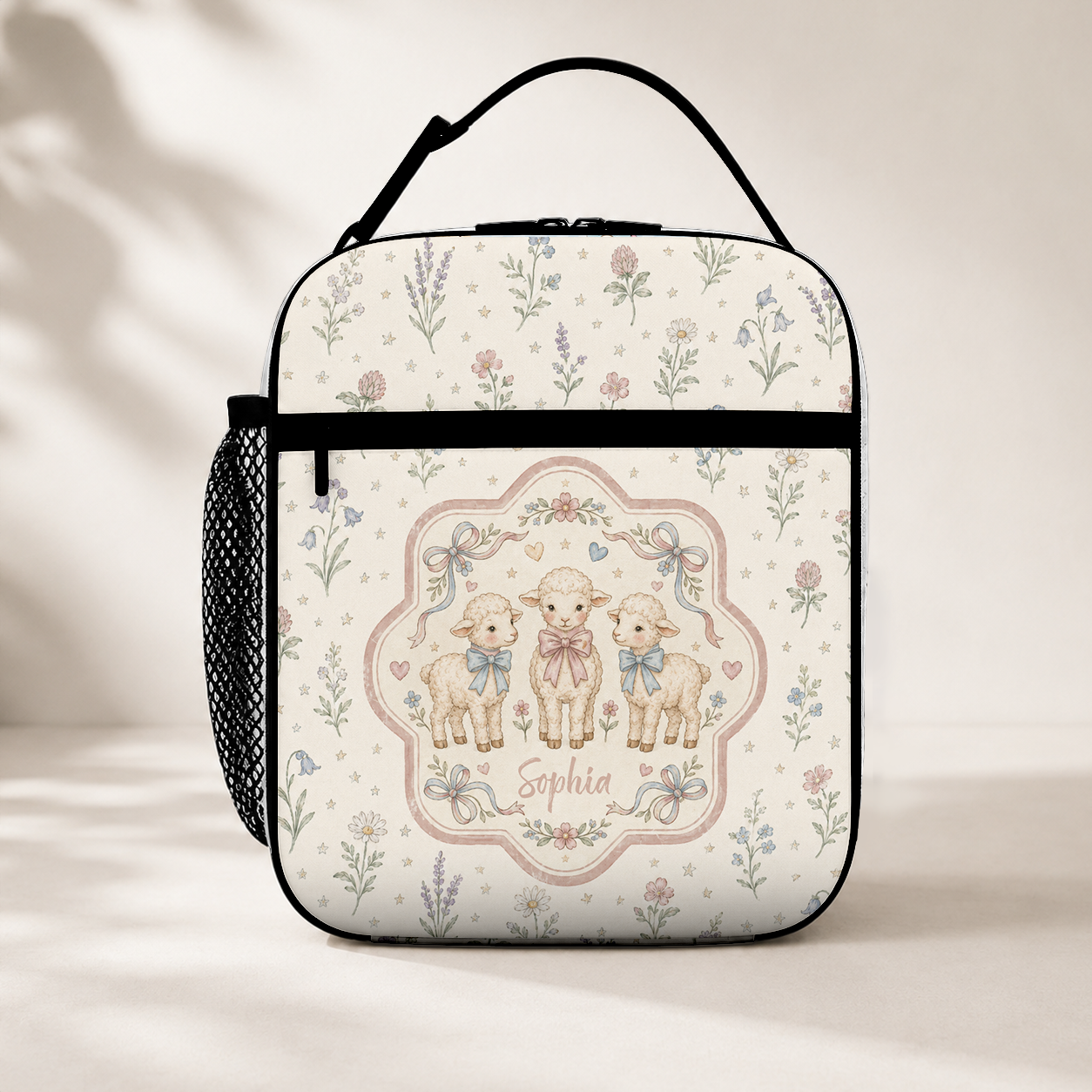 Personalized Cute Woodland Animals Floral Frame Pastel Nursery Style Kids Name Insulated Picnic School Lunch Bag