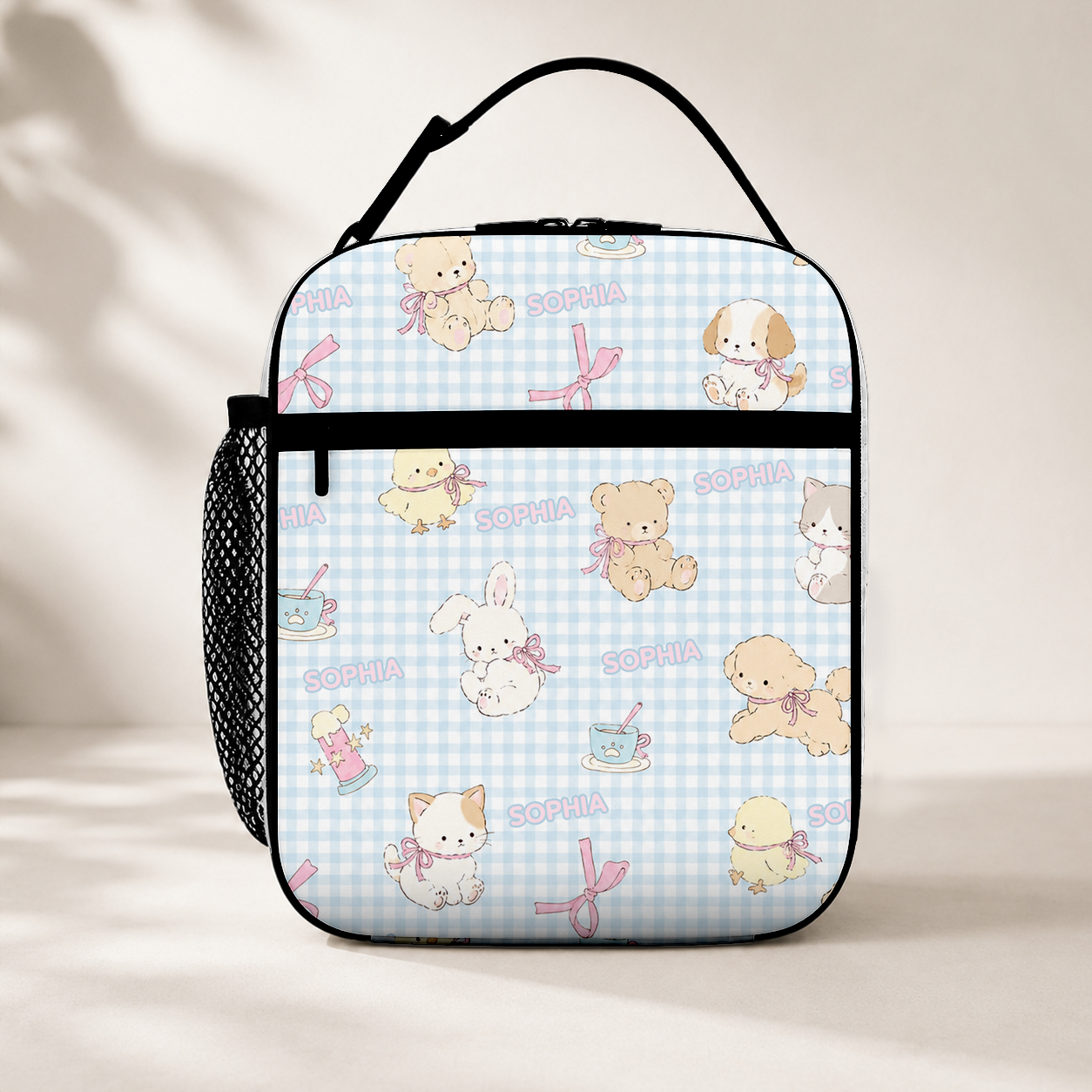 Personalized Pastel Ballerina Bunnies Rainbows Hearts Kids Name Cute Girly Pattern Nursery Style Insulated Lunch Bag