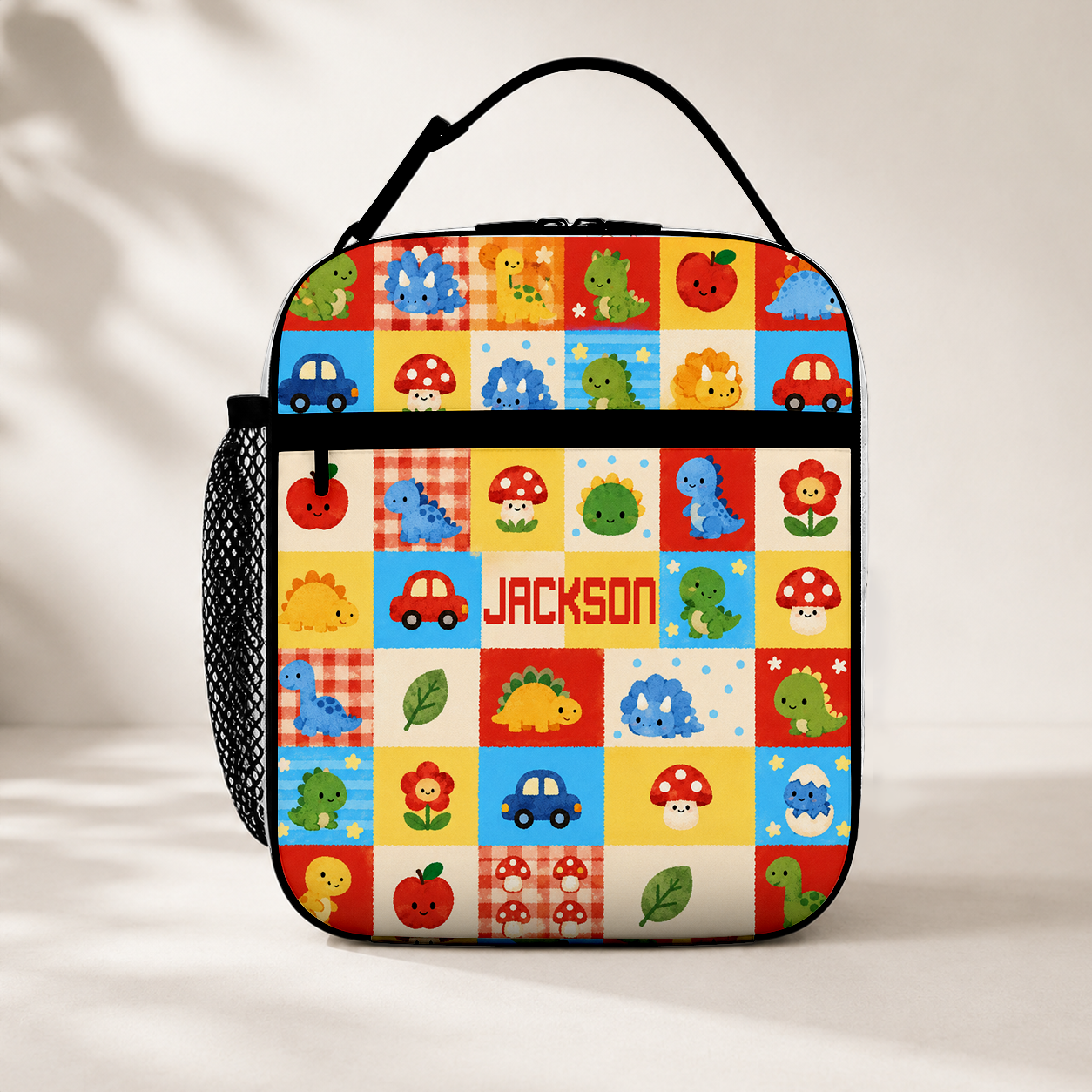 Personalized Bright Arcade Game Icons Pixel Monsters Joystick Retro Gamer Kids Name Colorful Blocks Pattern Insulated Lunch Bag