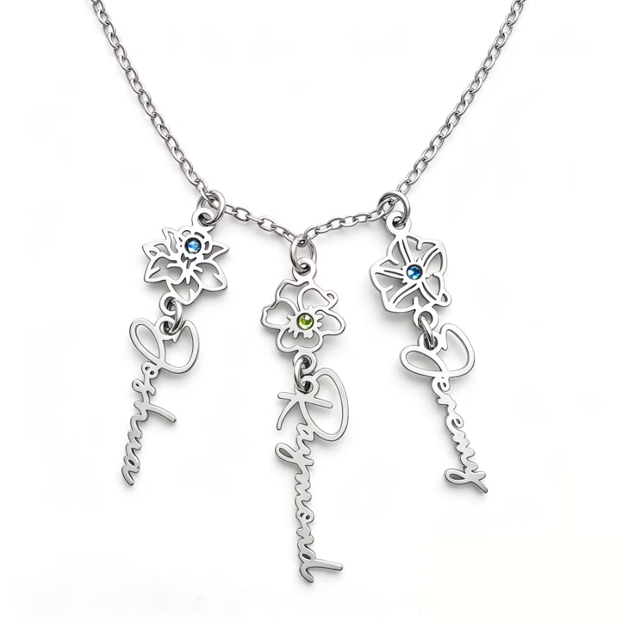 Custom Birth Flower Name Charm Chain Multi-Use Bracelet & Car Steering Wheel Decor, Adjustable Stainless Steel Personalized Jewelry