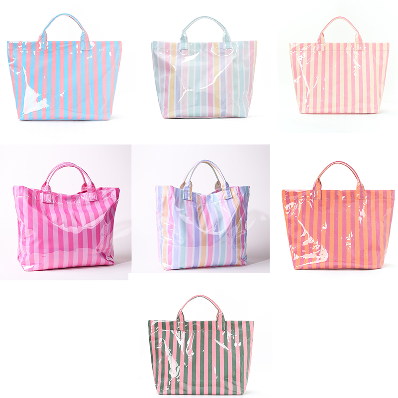Personalized Girls Beach Traveling Waterproof Striped Tote Bag Custom PVC Pool Bag Bridesmaid Gift Future Bride Tote Reusable Shopper Bag