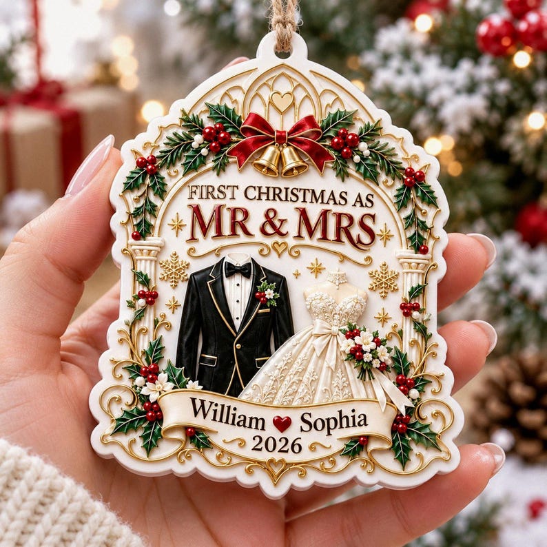 Personalized First Christmas As Mr And Mrs Ornament, Custom Wedding Dress Tuxedo White Acrylic Bauble, Newlywed Couple Gift