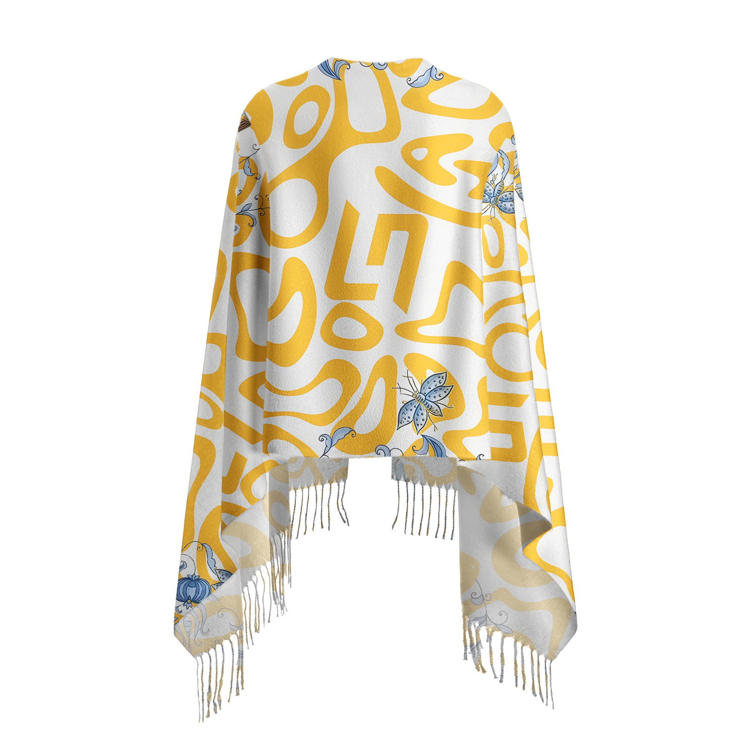Lando‑Inspired Beige Abstract Fringed Poncho Shawl Grand Prix Fan Wrap
