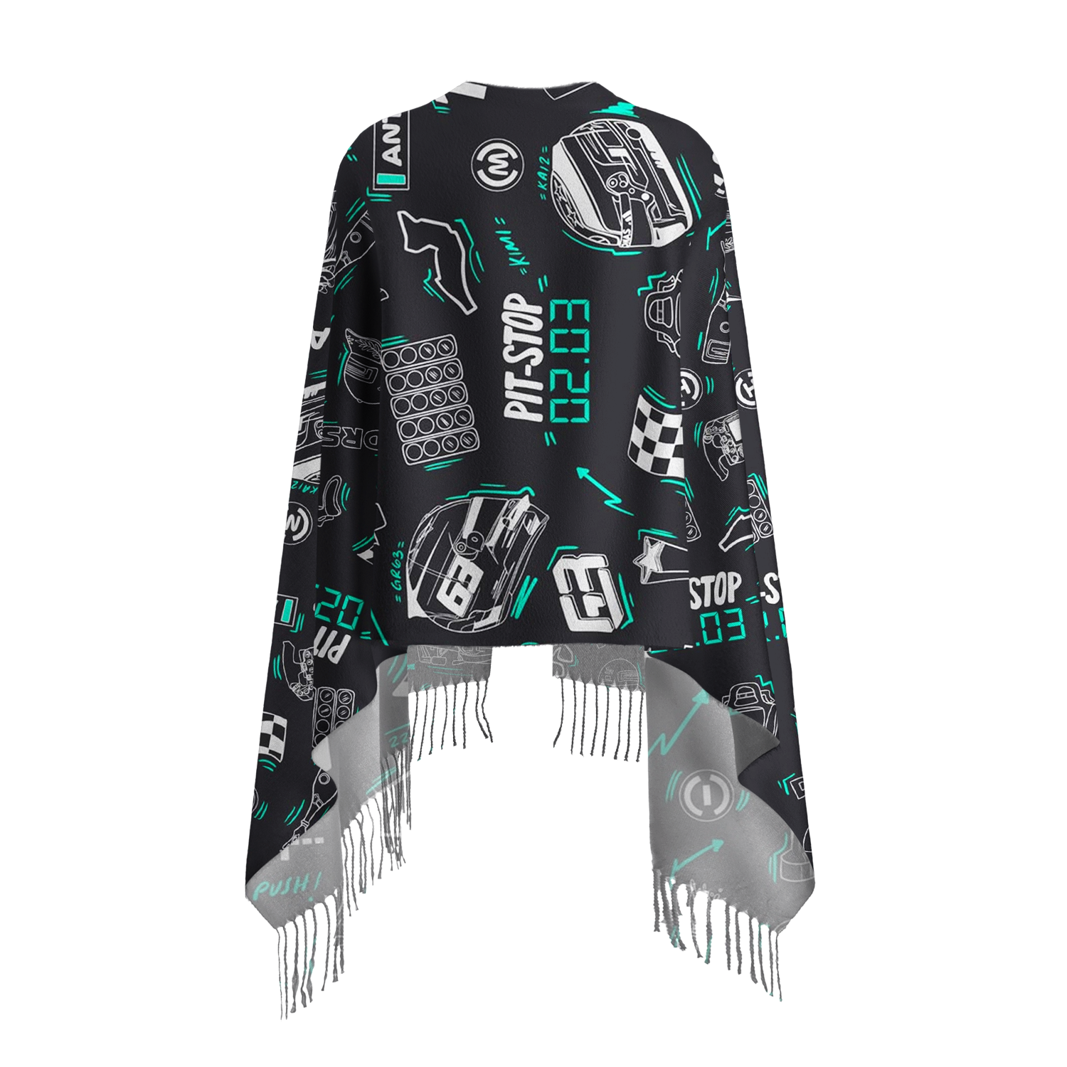 Motorsport Doodle‑Art Fringed Scarf, Grand Prix Fan Neck Wrap Shawl