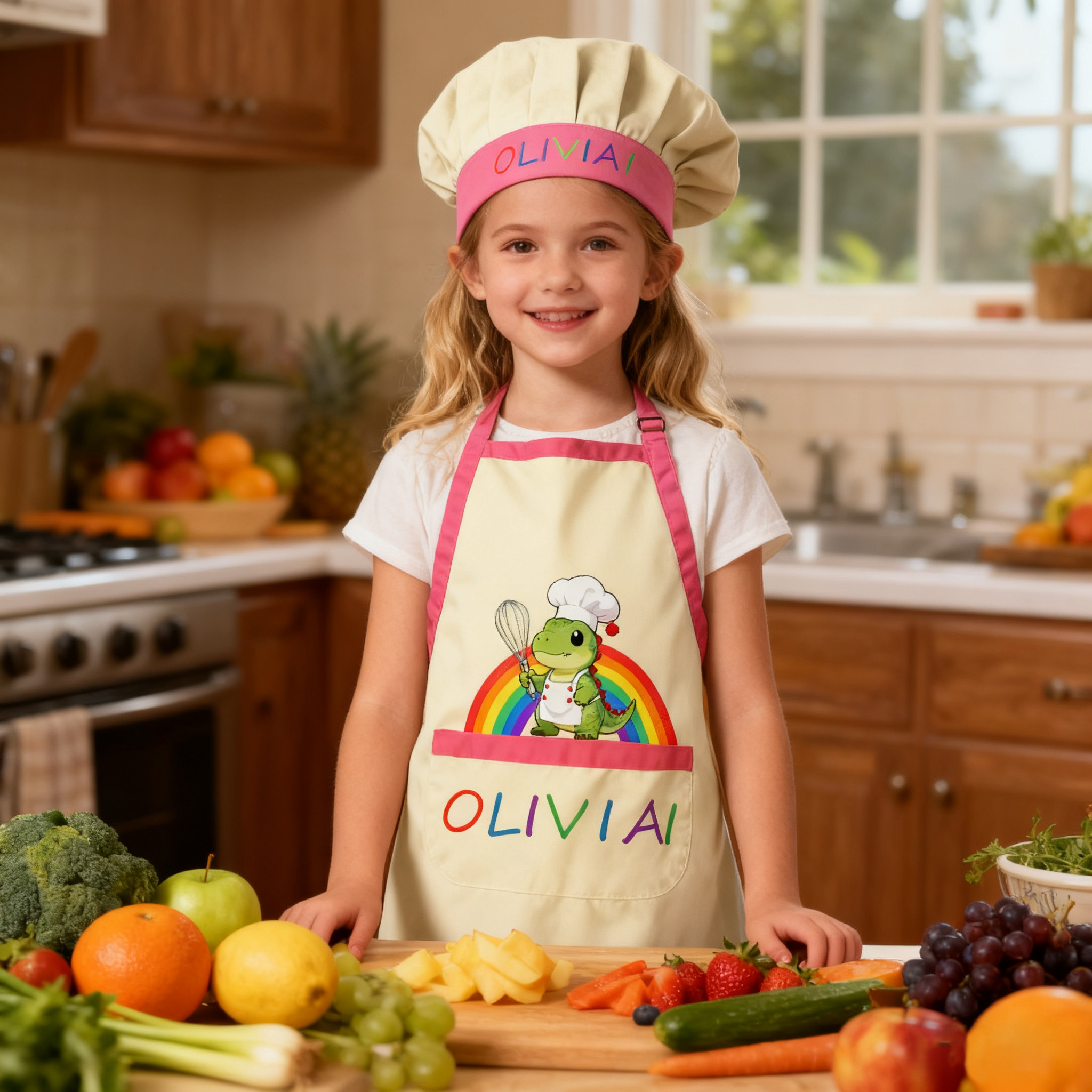 Personalized Rainbow Dinosaur Adjustable Kid Apron Chef Hat Set with Pocket and Name for Cooking Baking Birthday Holiday Gift for Kids