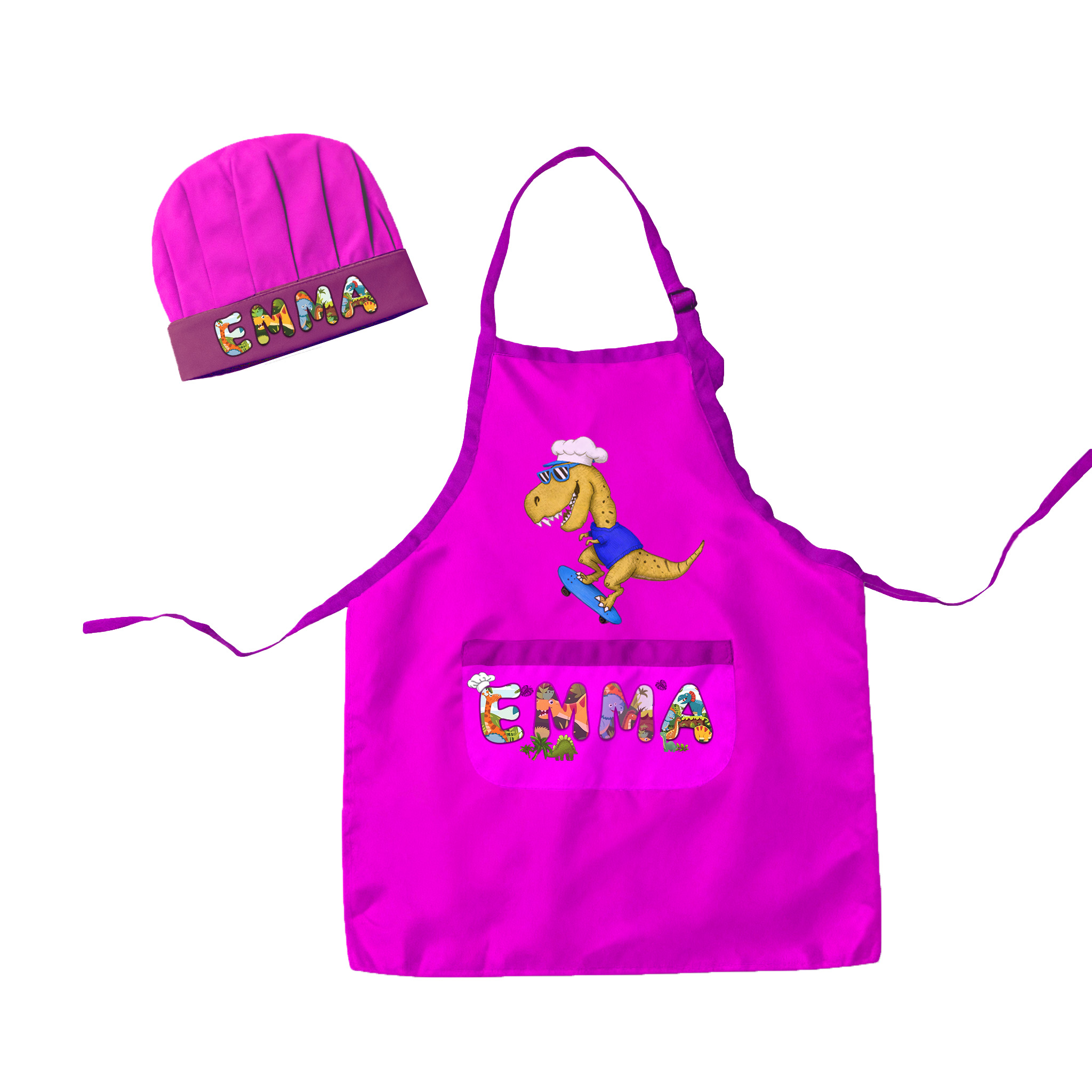 Personalized Dinosaur Chef Adventure Adjustable Kid Apron Chef Hat Set with Pocket and Name for Cooking Baking Birthday Holiday Gift for Kids