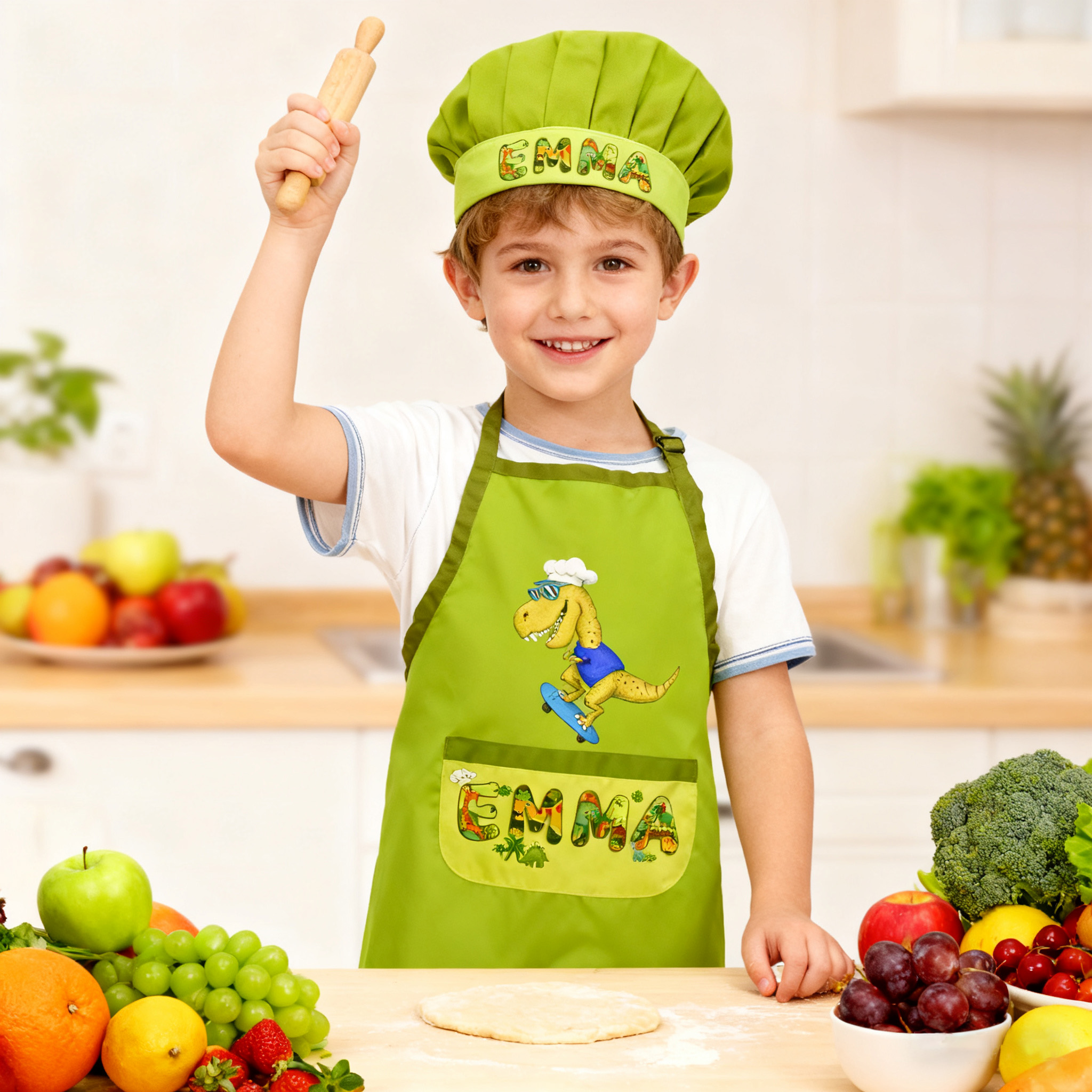 Personalized Dinosaur Chef Adventure Adjustable Kid Apron Chef Hat Set with Pocket and Name for Cooking Baking Birthday Holiday Gift for Kids
