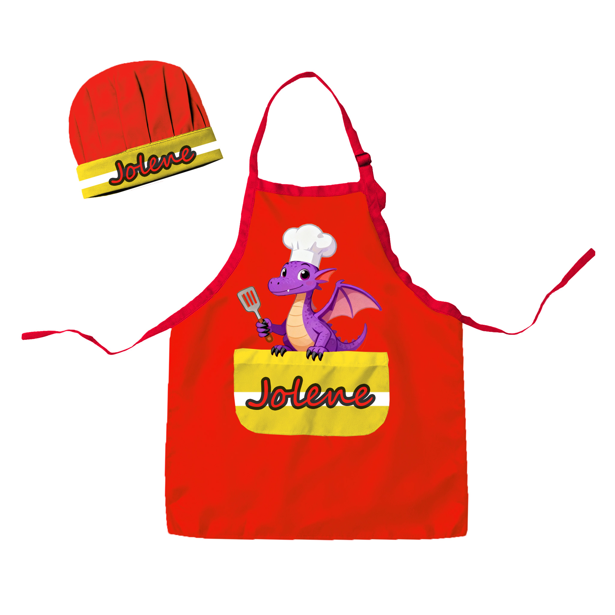Personalized Little Flying Dragon Adjustable Kid Apron Chef Hat Set with Pocket and Name for Cooking Baking Birthday Holiday Gift for Kids