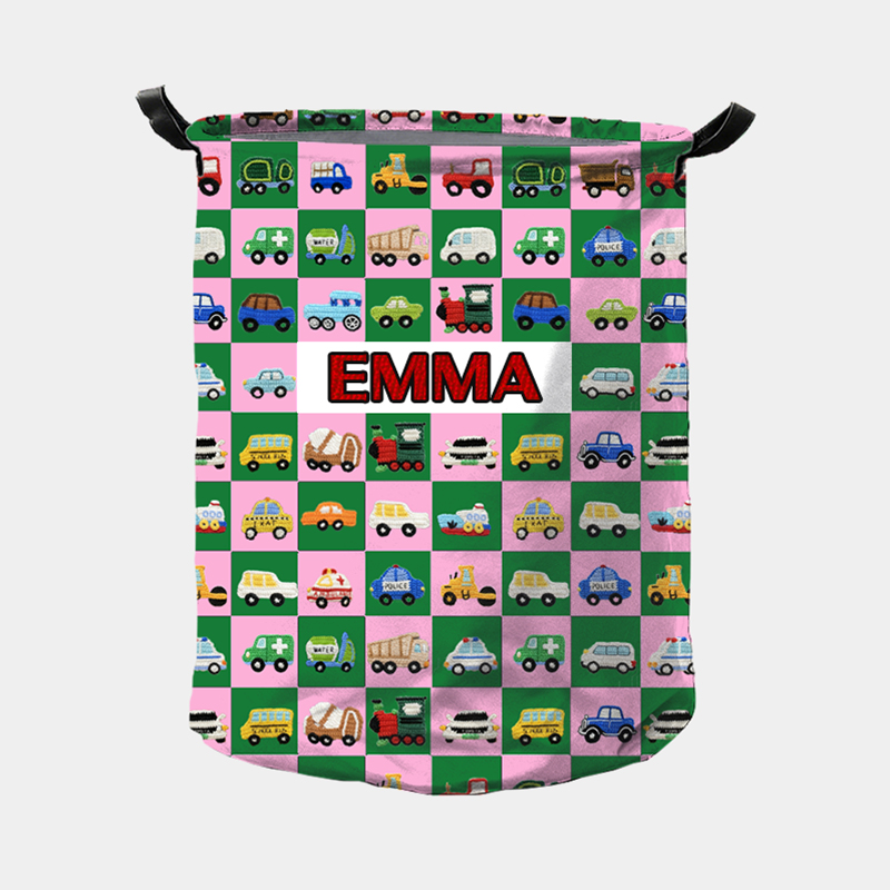 Personalized Cute Car Plaid Print Large Waterproof Laundry Storage Basket with Handle Custom Name Gift for Kids