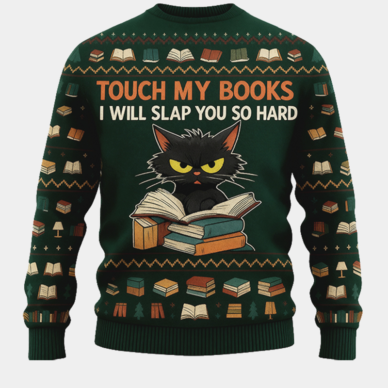 Personalized Fierce Cat Reader Ugly Christmas Sweater Gift for Librarians Book Enthusiasts