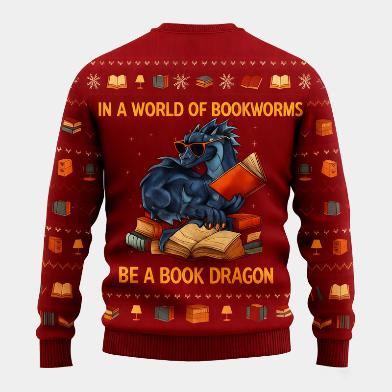 Personalized Funny Dinosaur Reading Ugly Christmas Sweater Gift for Book Lovers 