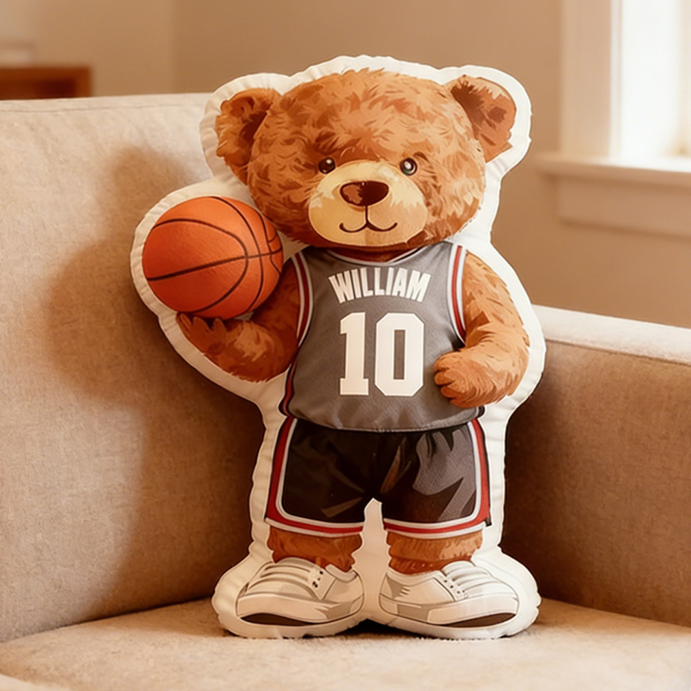Personalized Basketball Bear Pillow with Custom Name and Jersey Number for Kids and Basketball Lovers
