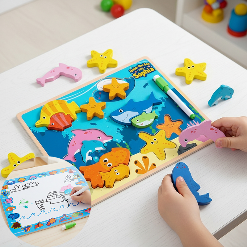 Personalized Ocean Theme Wooden Puzzle and Drawing Board for Kids Custom Name or Message 2-in-1 Educational Toy Perfect Gift for Kids
