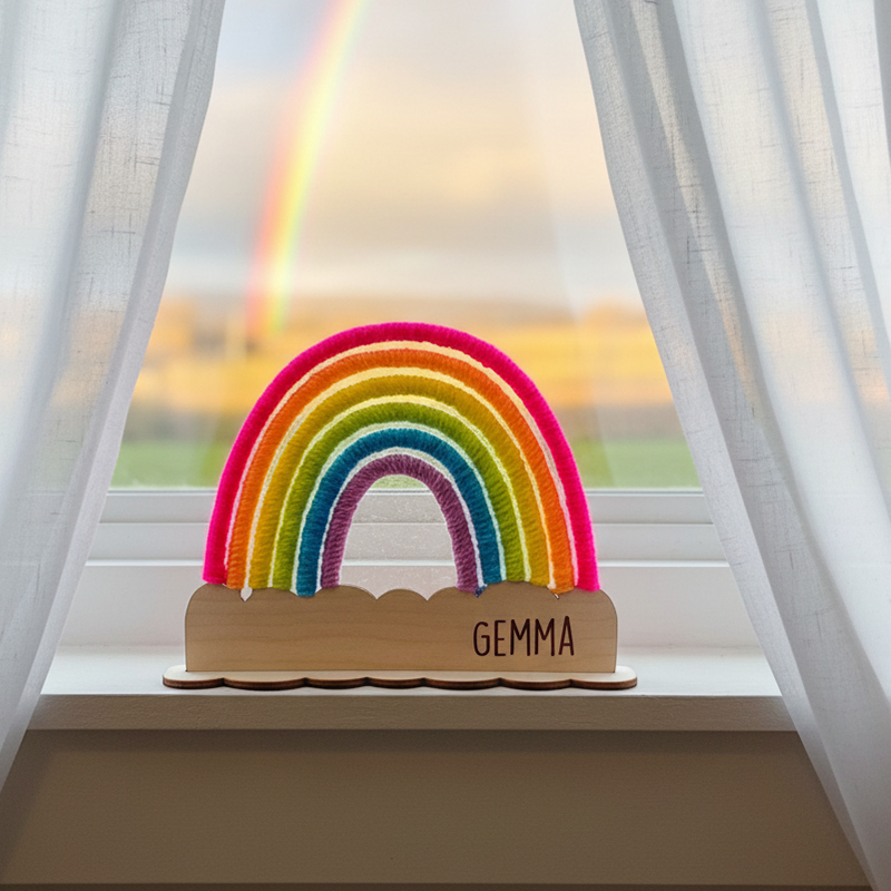 Personalized DIY Yarn Rainbow Kit for Kids Custom Name Craft with Birch Base and 6 Yarn Colors