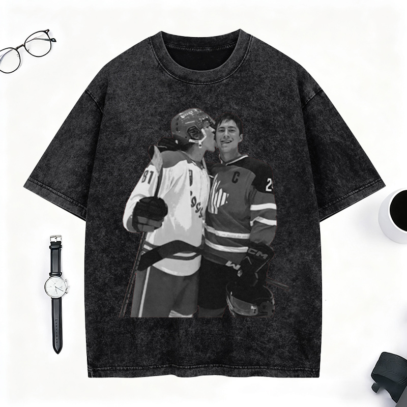Personalized Ice Hockey Fans Washed T-Shirt with Custom Player Image Gift for Fans
