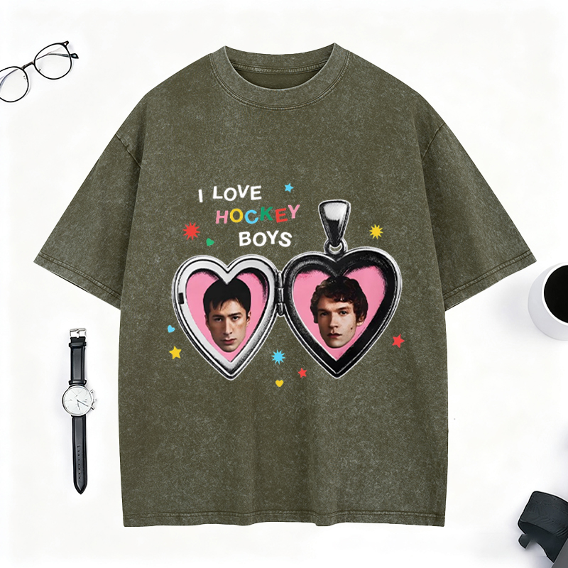 Personalized Hockey Washed T-Shirt with “I Love Hockey Boys” Heart Design for Stylish Hockey Fans