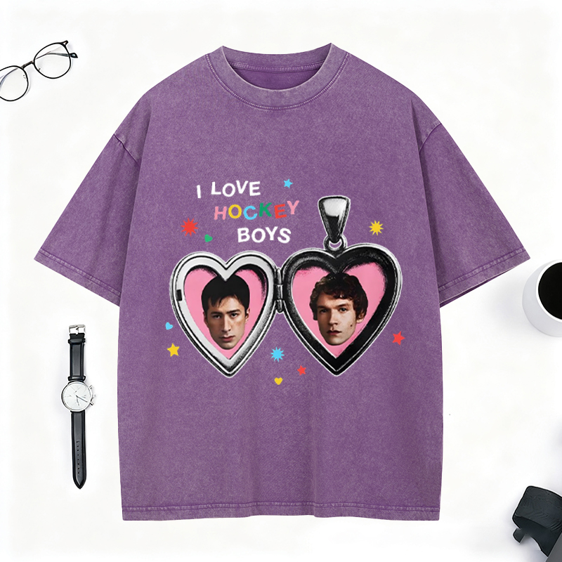 Personalized Hockey Washed T-Shirt with “I Love Hockey Boys” Heart Design for Stylish Hockey Fans