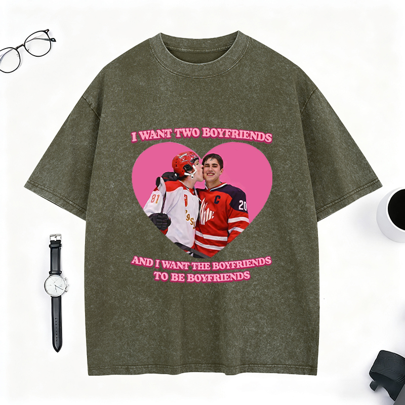 Personalized I Want Two Boyfriends Hockey Meme Washed T-Shirt, Funny Graphic Tee for Ice Hockey Fans 