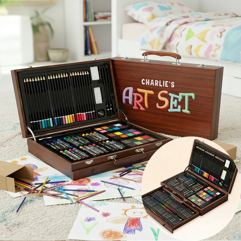 Personalized Name Wooden Art Set Perfect Gift for Kids Who Love Drawing and Painting 143 Piece Creative Kit