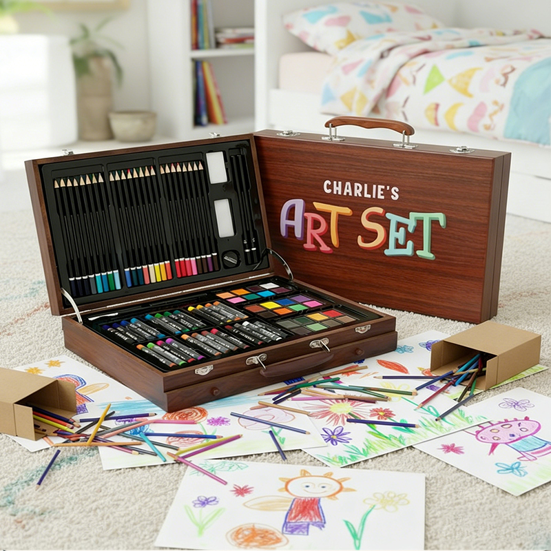 Personalized Name Wooden Art Set Perfect Gift for Kids Who Love Drawing and Painting 143 Piece Creative Kit