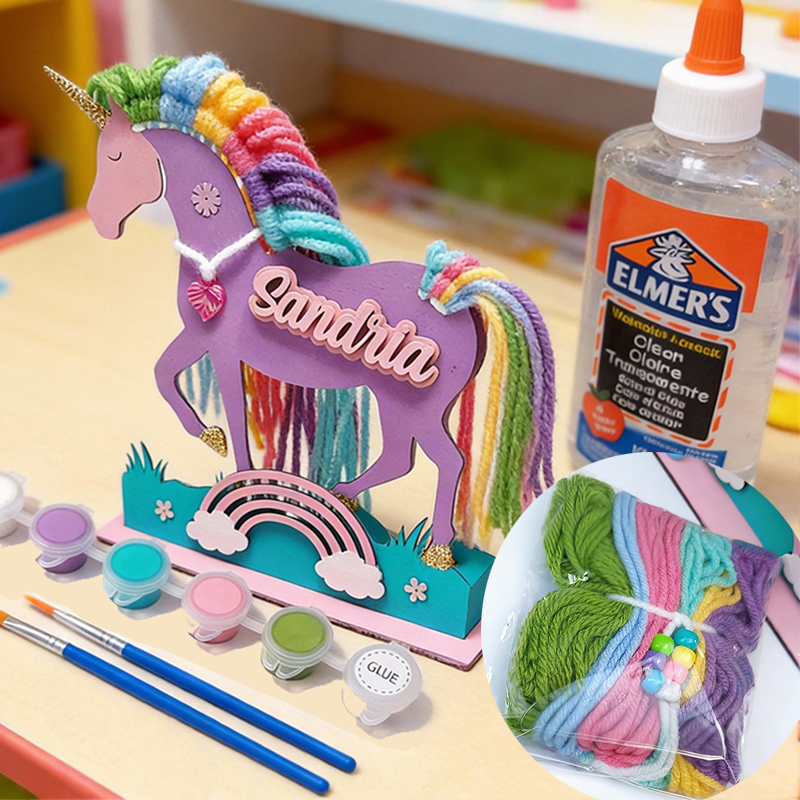 Personalized DIY Unicorn Craft Kit for Kids Custom Name Plaque Paints and Yarn for Creative Fun DIY Wood Macrame Paint Set
