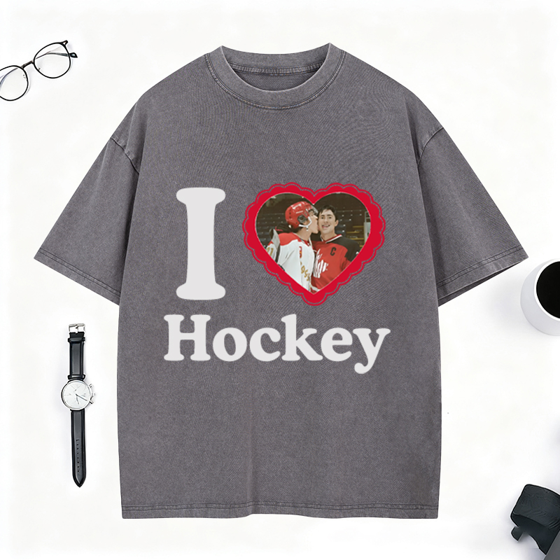 Personalized I Love Hockey Washed T-Shirt, Custom Player Photo Heart Graphic Tee for Ice Hockey Fans