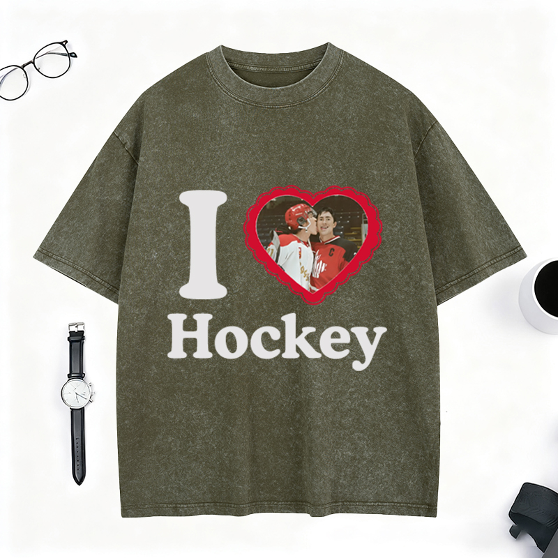 Personalized I Love Hockey Washed T-Shirt, Custom Player Photo Heart Graphic Tee for Ice Hockey Fans