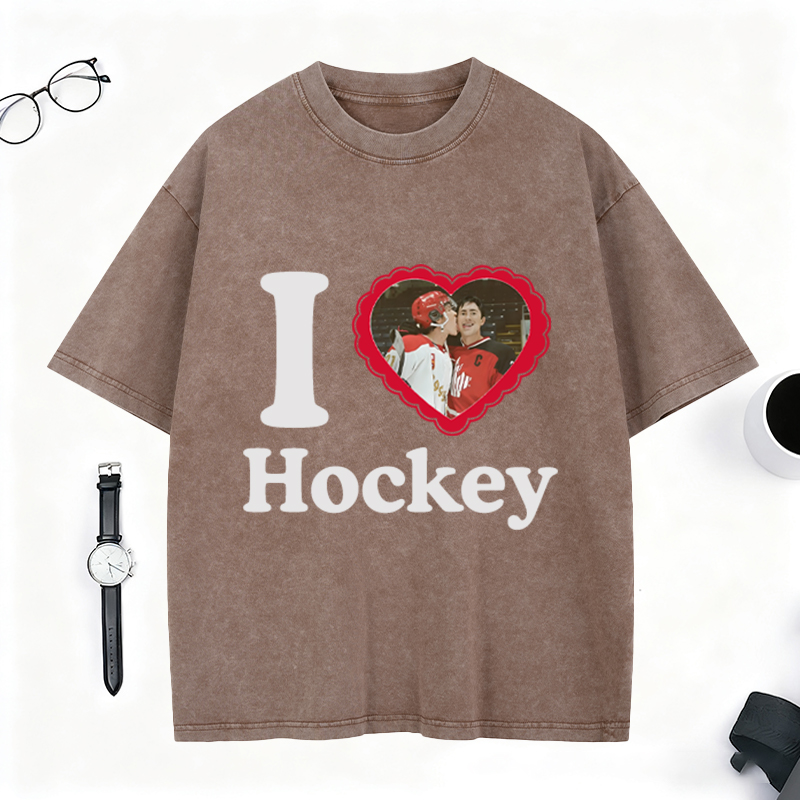 Personalized I Love Hockey Washed T-Shirt, Custom Player Photo Heart Graphic Tee for Ice Hockey Fans