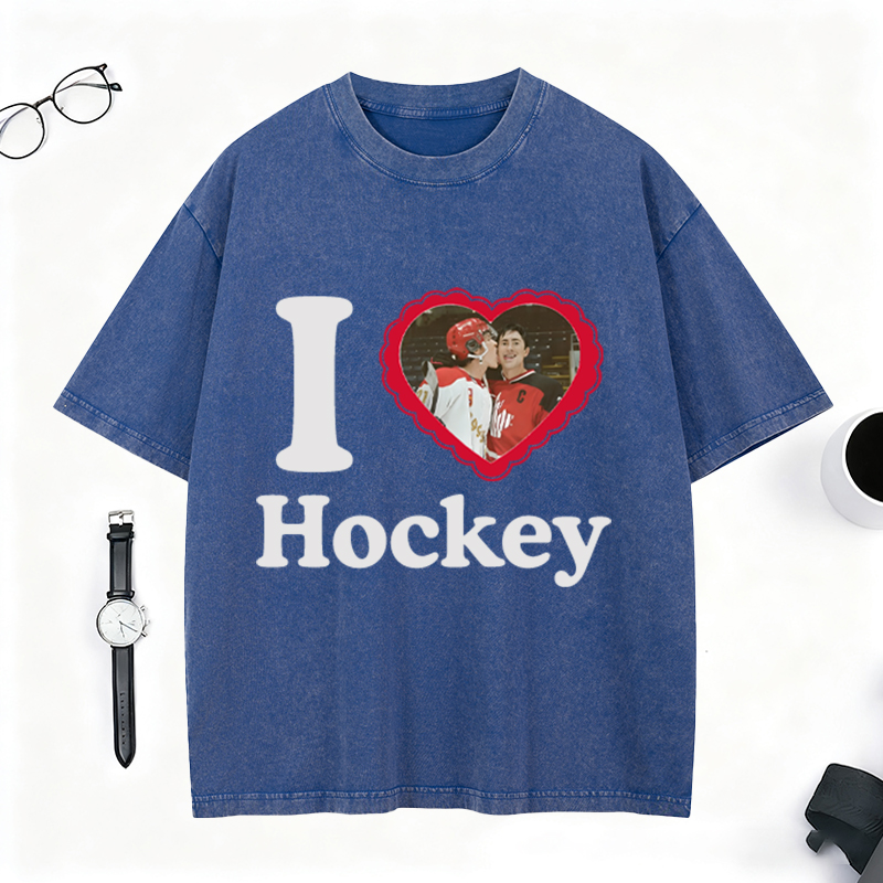 Personalized I Love Hockey Washed T-Shirt, Custom Player Photo Heart Graphic Tee for Ice Hockey Fans