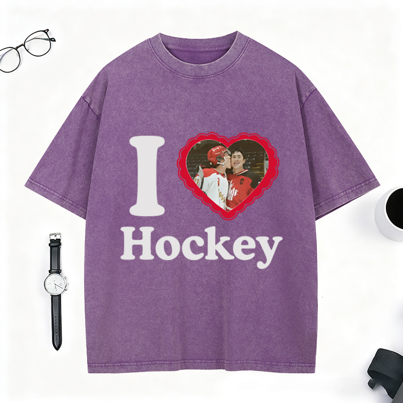 Personalized I Love Hockey Washed T-Shirt, Custom Player Photo Heart Graphic Tee for Ice Hockey Fans