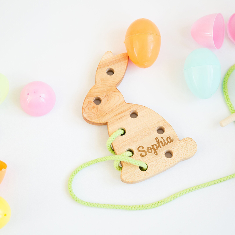 Personalized Easter Lacing Toy for Kids Custom Name Wooden Bunny with Colorful Strings Fun and Educational