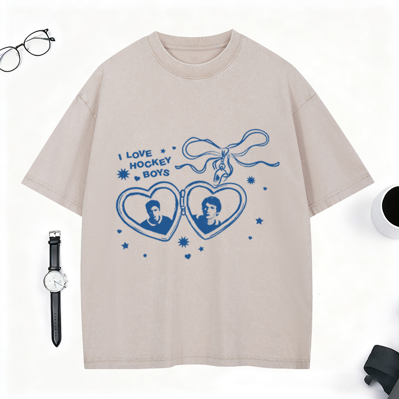 Personalized I Love Hockey Boys Washed T-Shirt Bow and Heart Graphic Top for Fandom Fans