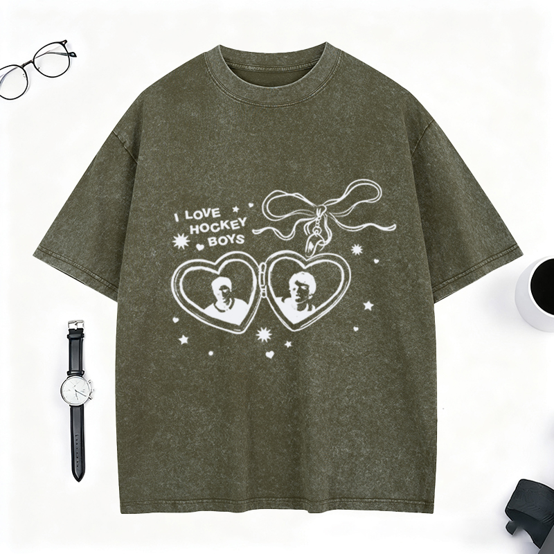 Personalized I Love Hockey Boys Washed T-Shirt Bow and Heart Graphic Top for Fandom Fans