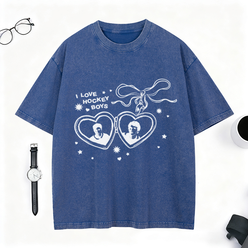 Personalized I Love Hockey Boys Washed T-Shirt Bow and Heart Graphic Top for Fandom Fans