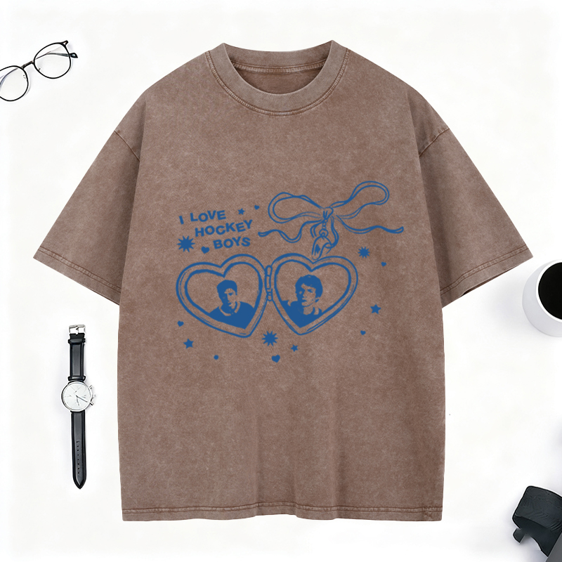 Personalized I Love Hockey Boys Washed T-Shirt Bow and Heart Graphic Top for Fandom Fans
