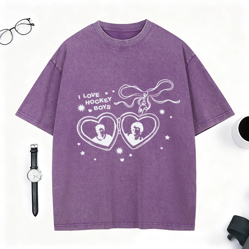 Personalized I Love Hockey Boys Washed T-Shirt Bow and Heart Graphic Top for Fandom Fans