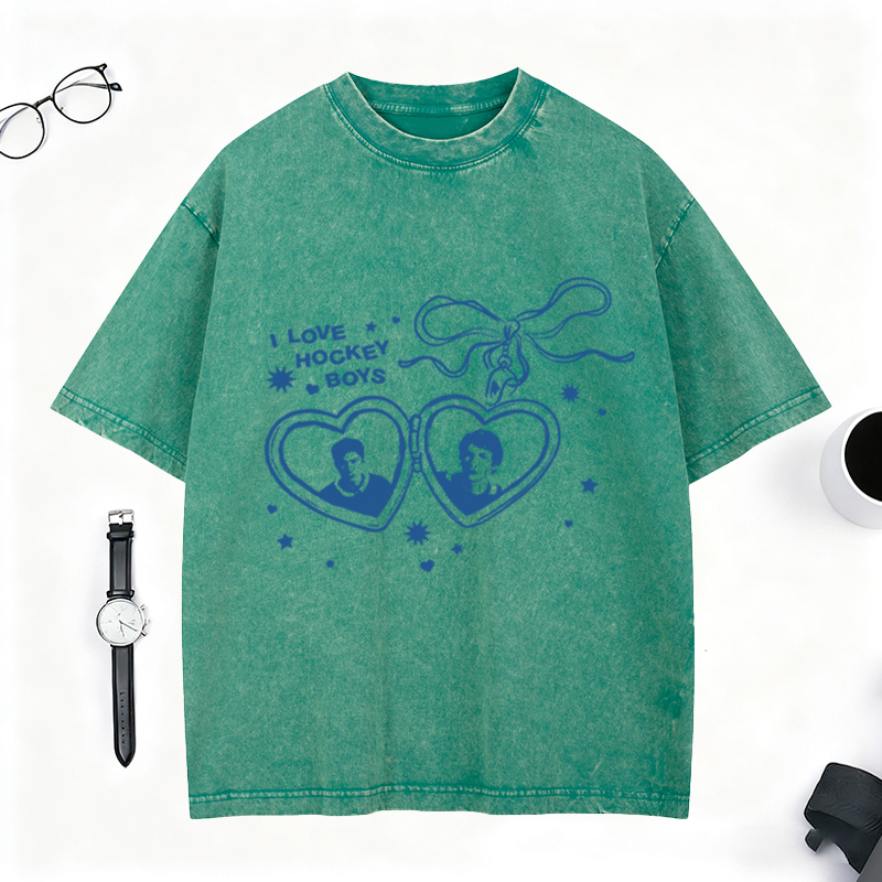 Personalized I Love Hockey Boys Washed T-Shirt Bow and Heart Graphic Top for Fandom Fans